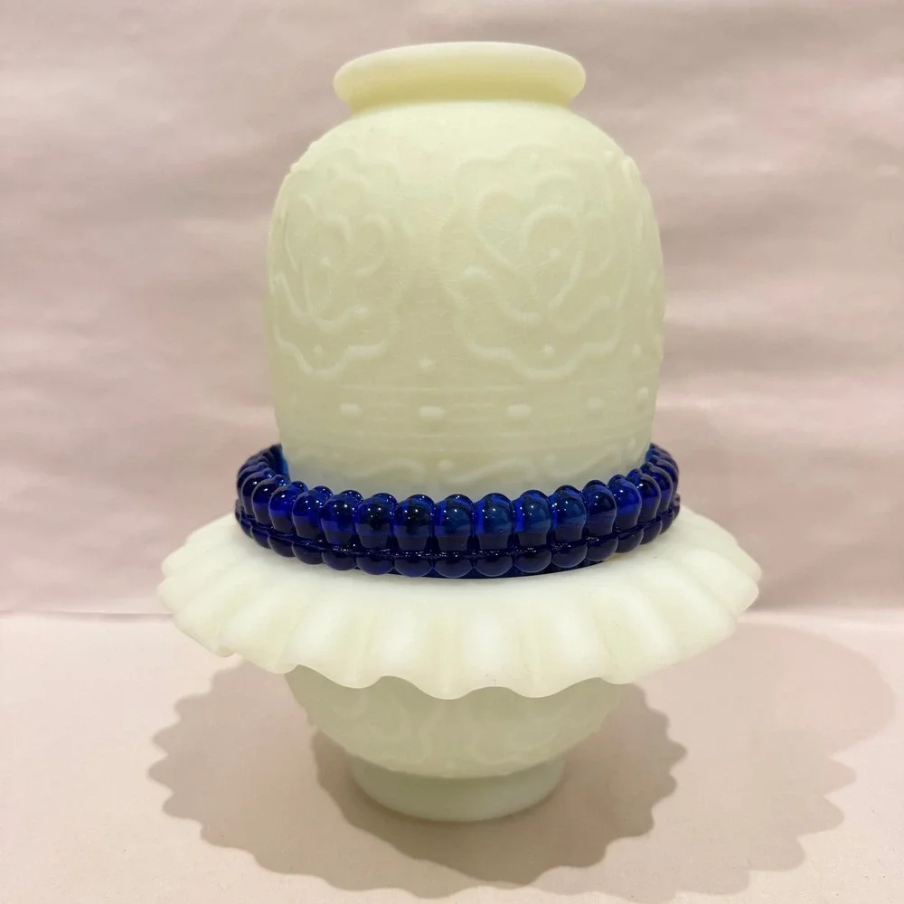 Fenton Persian Medallion Custard Glass Fairy Lamp 3-Pc UV Uranium Blue Insert